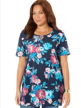 Catherines Navy Floral Short-Sleeve Tunic with Pink and Aqua Blooms Size  18/20